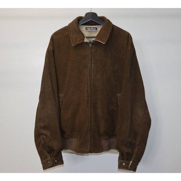 Vintage 90s Nautica Reversible Leather Suede Bomber Jacket L Brown Beige